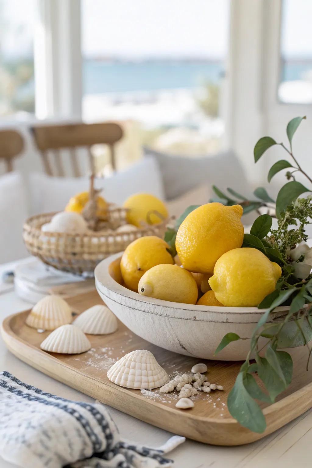 Bring the beach indoors with a unique arrangement of lemons and seashells, perfect for coastal decor lovers.