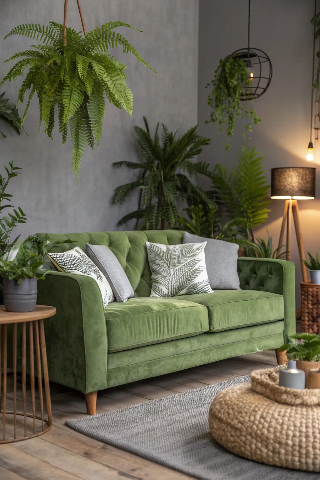 Bring the outdoors in with the lush and enchanting blend of fern green and gray. 🌿 #InteriorInspiration