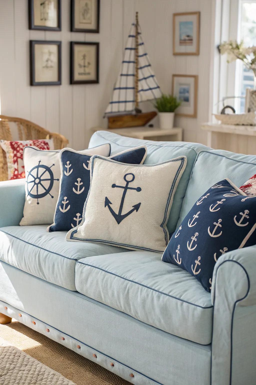 Throw pillows add the final touch of comfort and nautical charm.