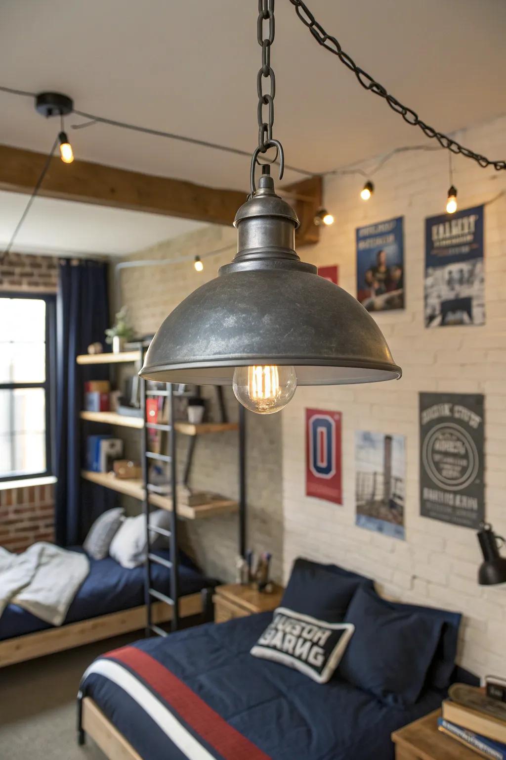 Add a modern edge to your dorm with sleek industrial lighting. #IndustrialStyle #DormDecor