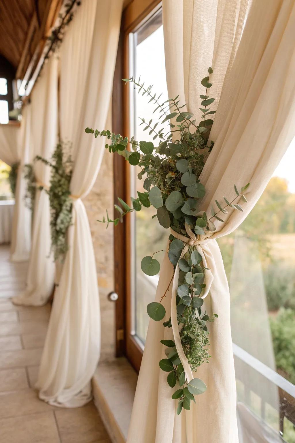 Add a whimsical touch to your curtains with eucalyptus tiebacks.