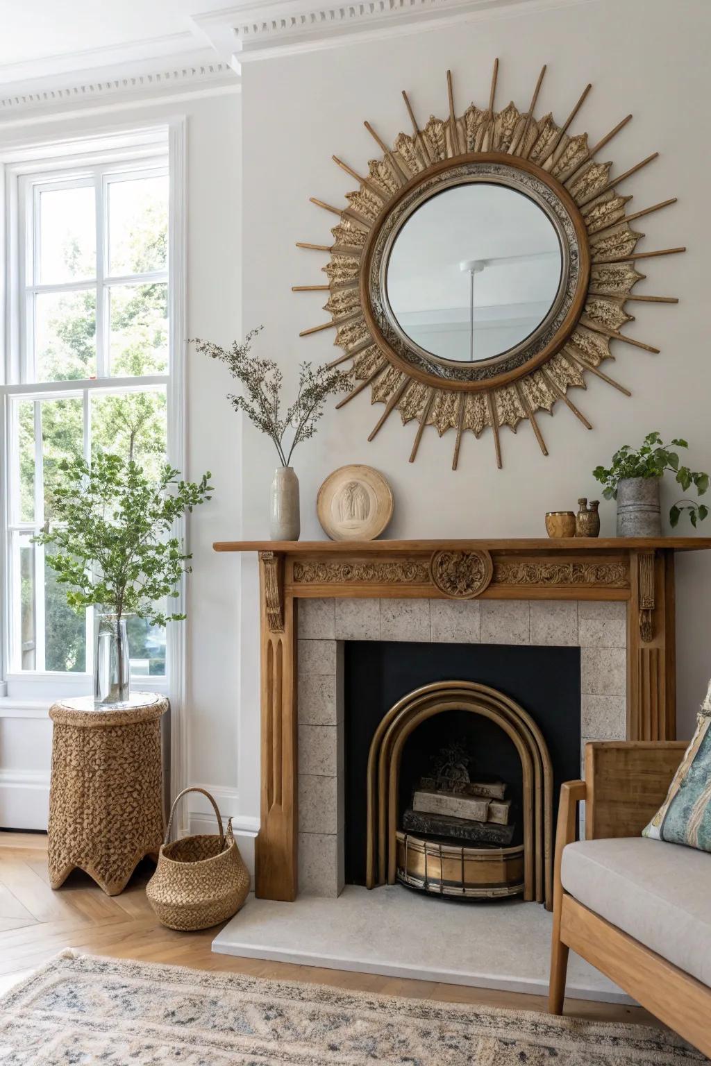 Transform your space with a sculptural mirror that makes a bold statement above your fireplace. 🎭 #ArtisticDesign #InteriorArt