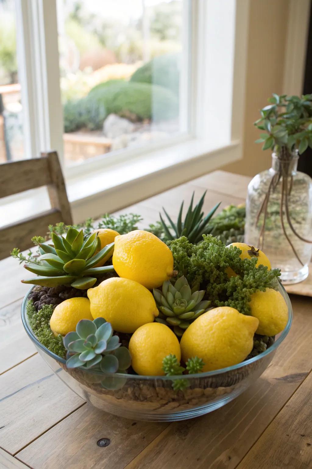 Refresh your space with a modern combination of lemons and succulents, perfect for contemporary decor.