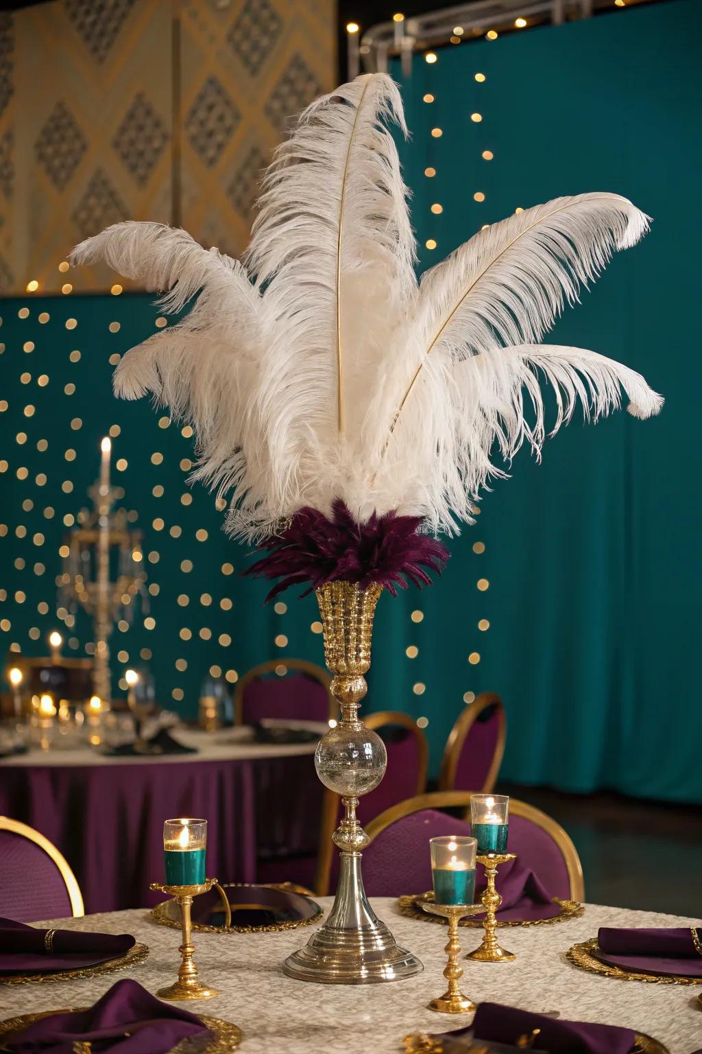Elevate your dining experience with the elegance of feather centerpieces for a truly 1920s feel.