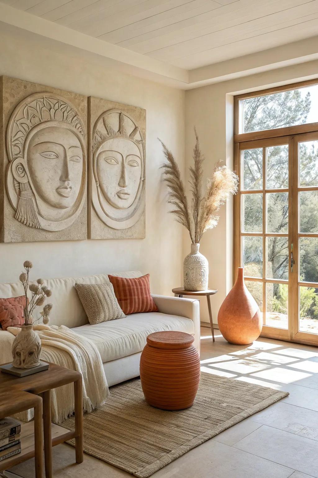 Sculptural faces add a captivating and mysterious touch to your decor.