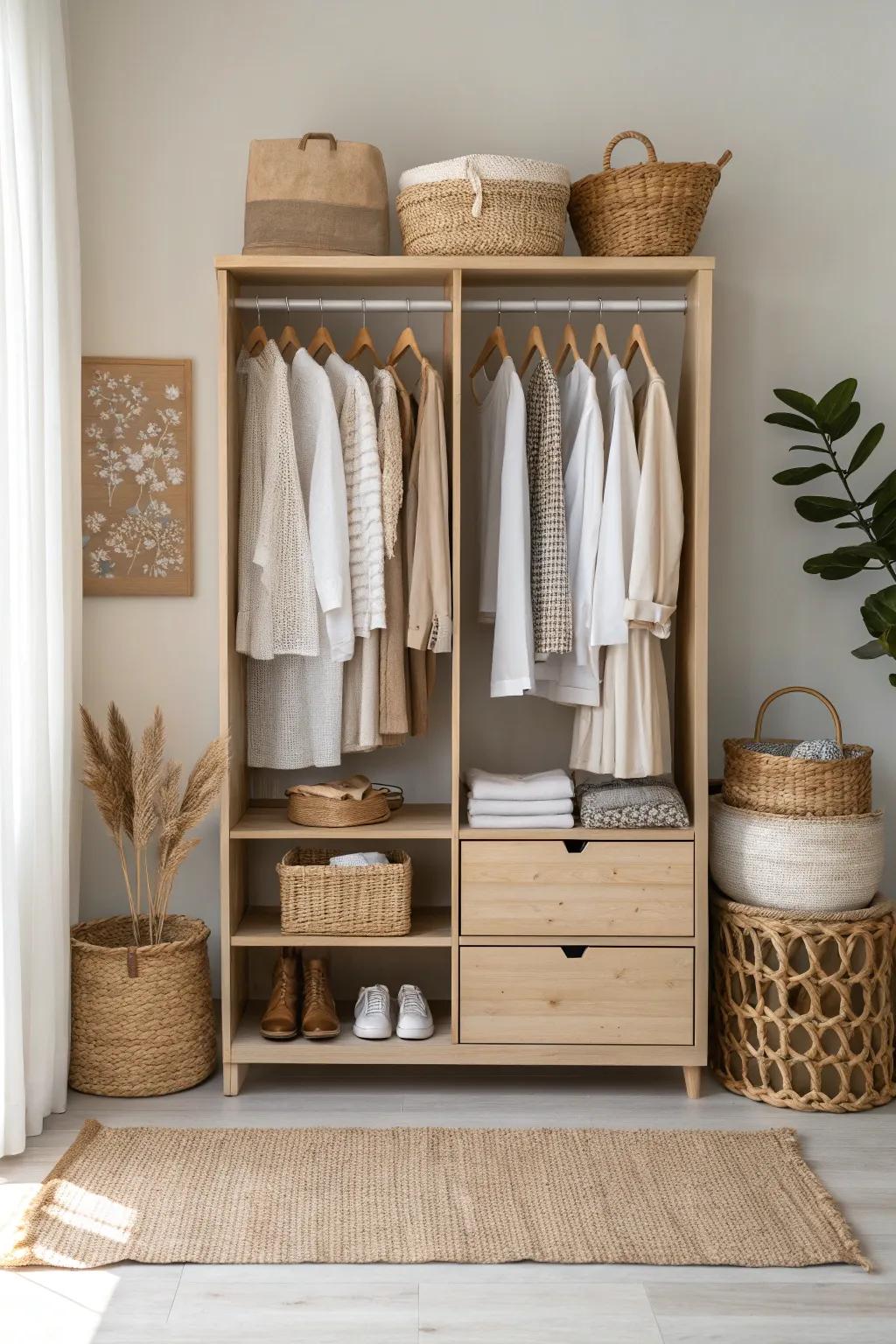 Showcase your personal style with an open wardrobe layout that invites creativity and order.