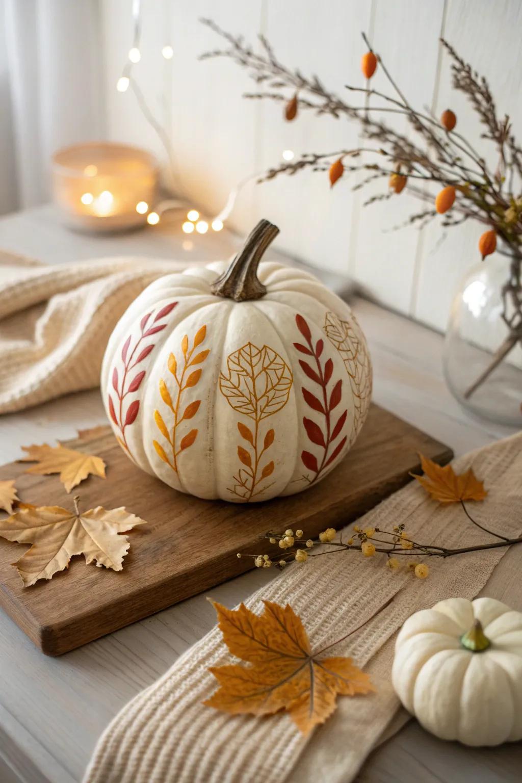 Painted pumpkins add a colorful twist to traditional autumn decor.