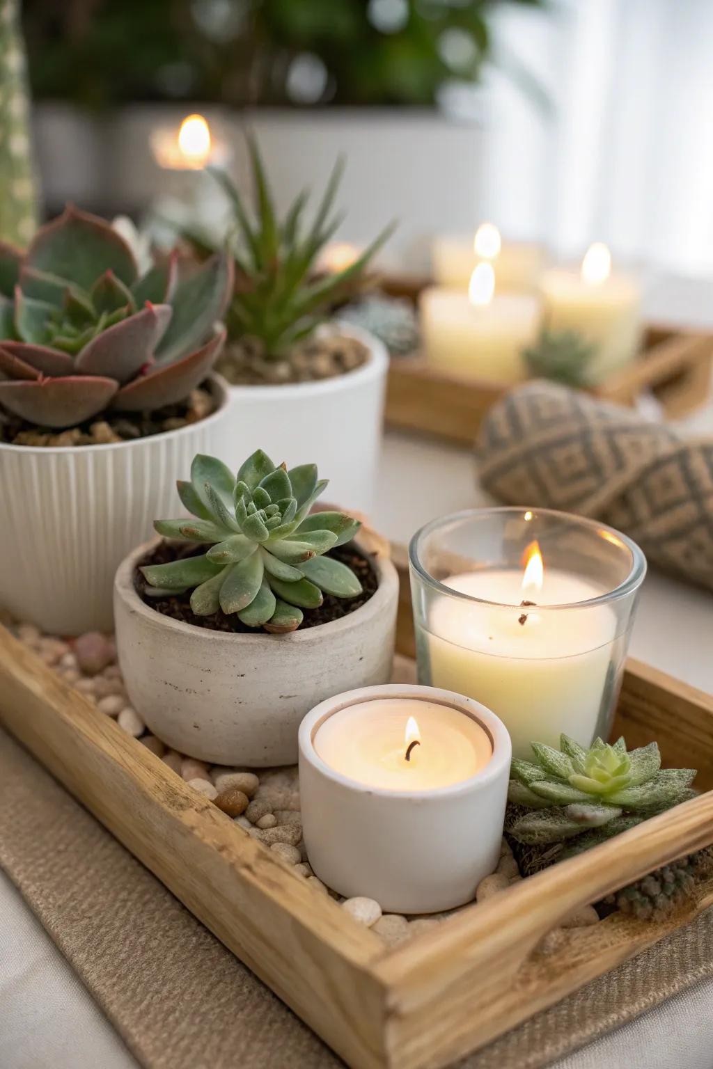 Bring a touch of nature to your baby shower with succulents and candles that enhance any space.