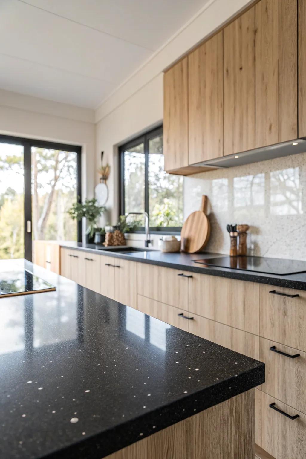 Dare to contrast with black granite, bringing bold sophistication to your kitchen space.