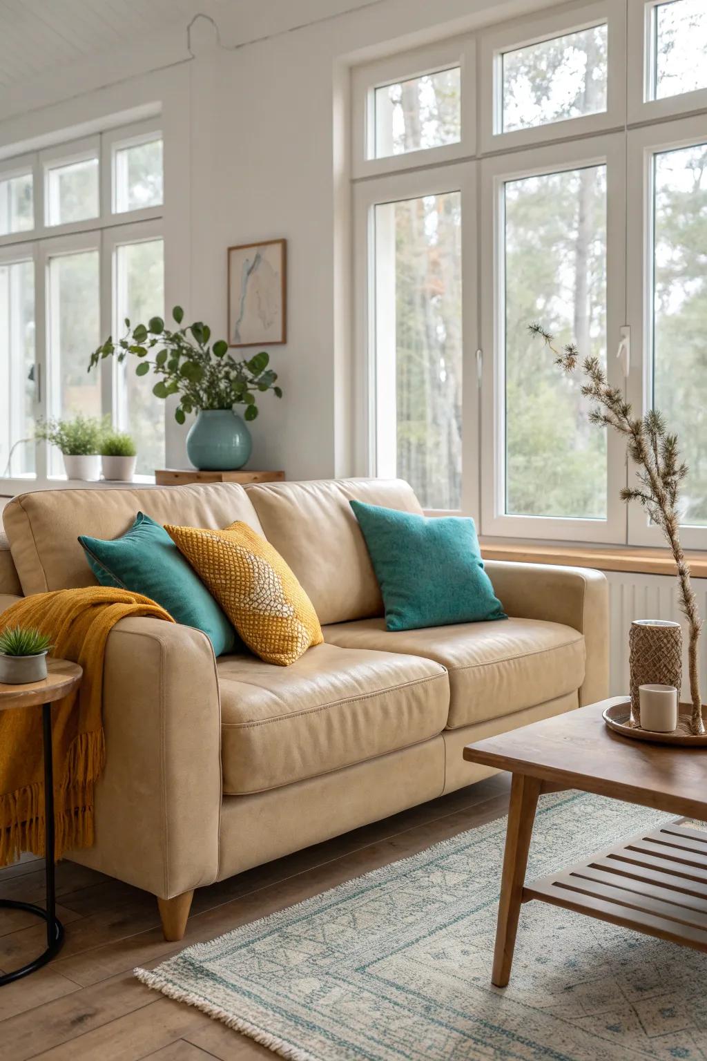 Let your beige sofa shine with splashes of color through vibrant cushions and throws.