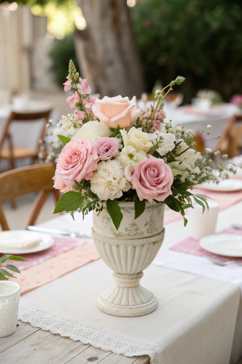 Step back in time with vintage elegance, where antique vases and pastel flowers create timeless beauty. #VintageCharm #BridalInspiration