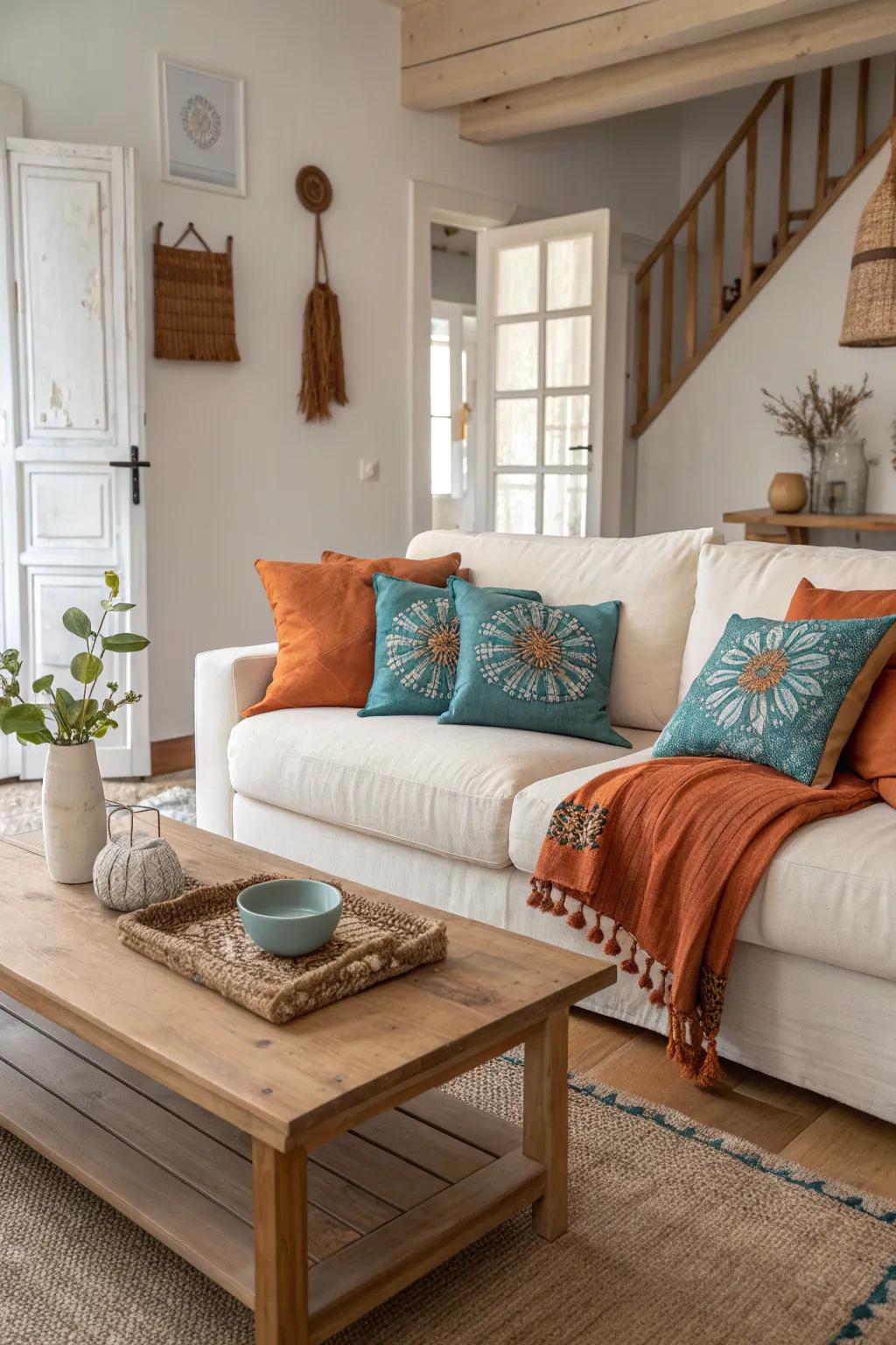 Layering pillows in burnt orange and teal creates a cozy and inviting atmosphere.