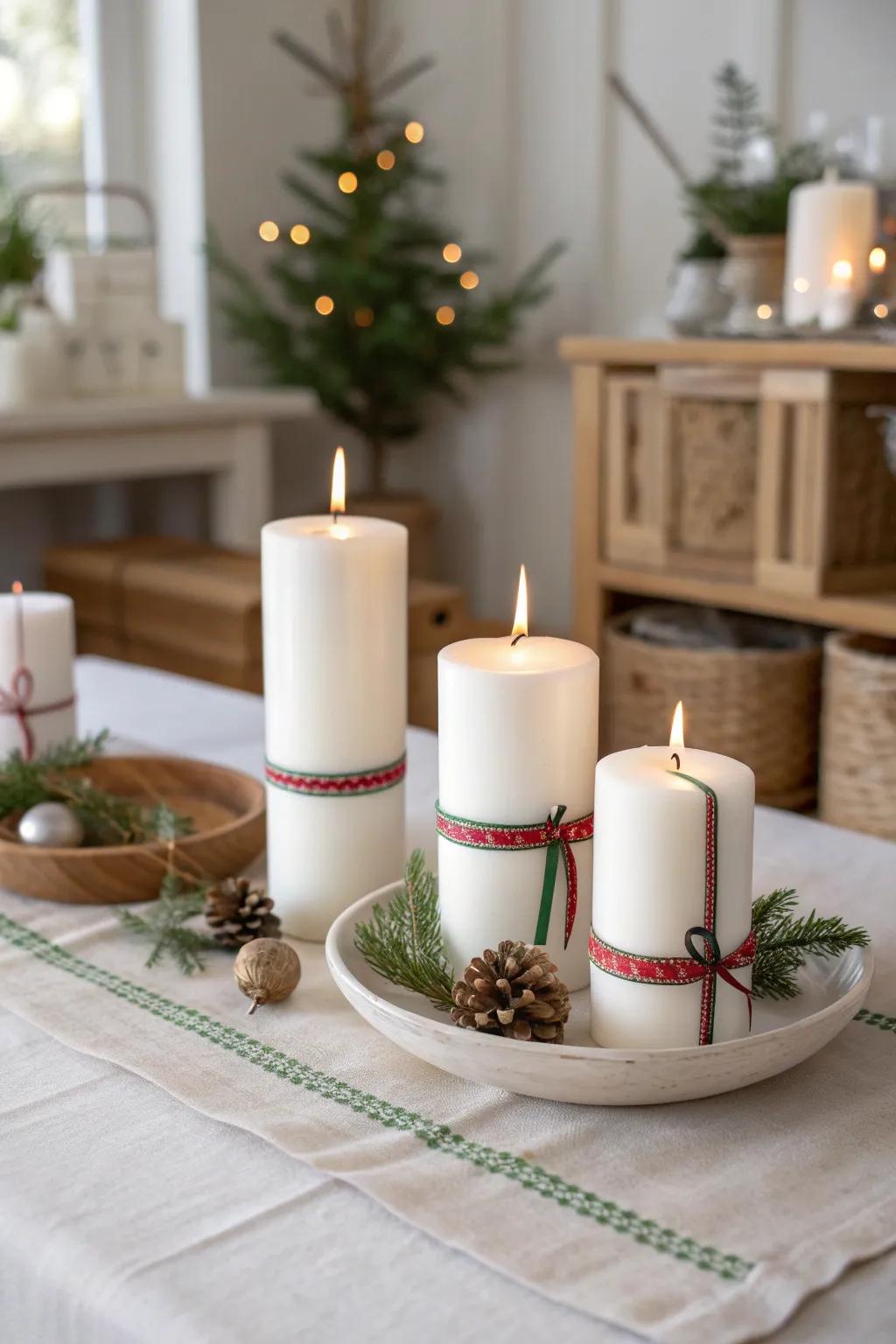 Achieve timeless elegance with white candles and classic holiday hues.