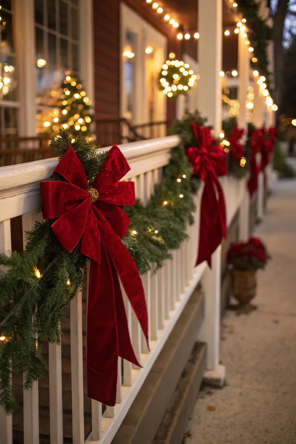 Add a festive pop of color to your porch with bold red bows that capture the essence of Christmas cheer.