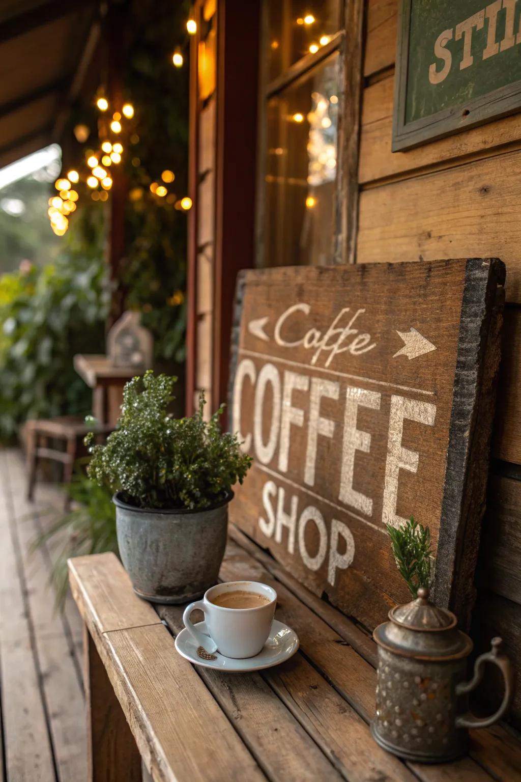 Rustic wooden signs add warmth and a vintage touch to any coffee space.