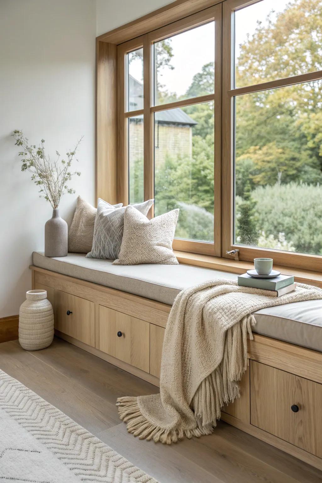 Sleek and stylish, this built-in window seat offers storage and elegance.