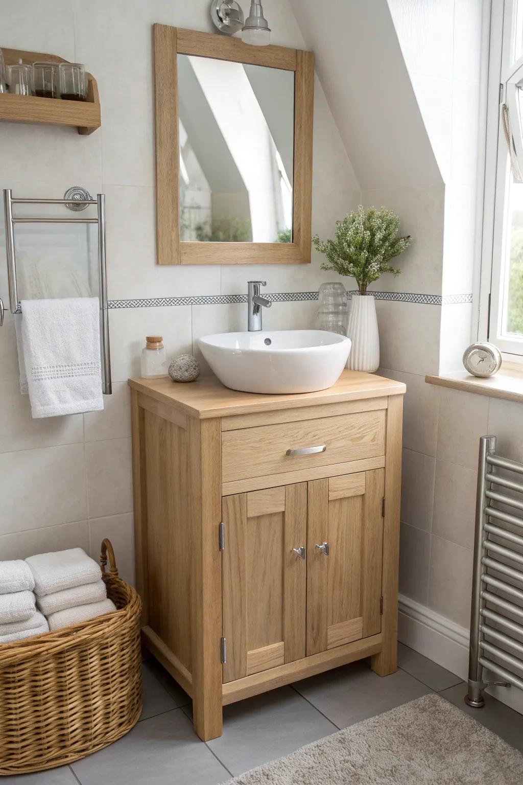 Maximize your space with a compact vanity and corner mirror. Perfect for small bathrooms!