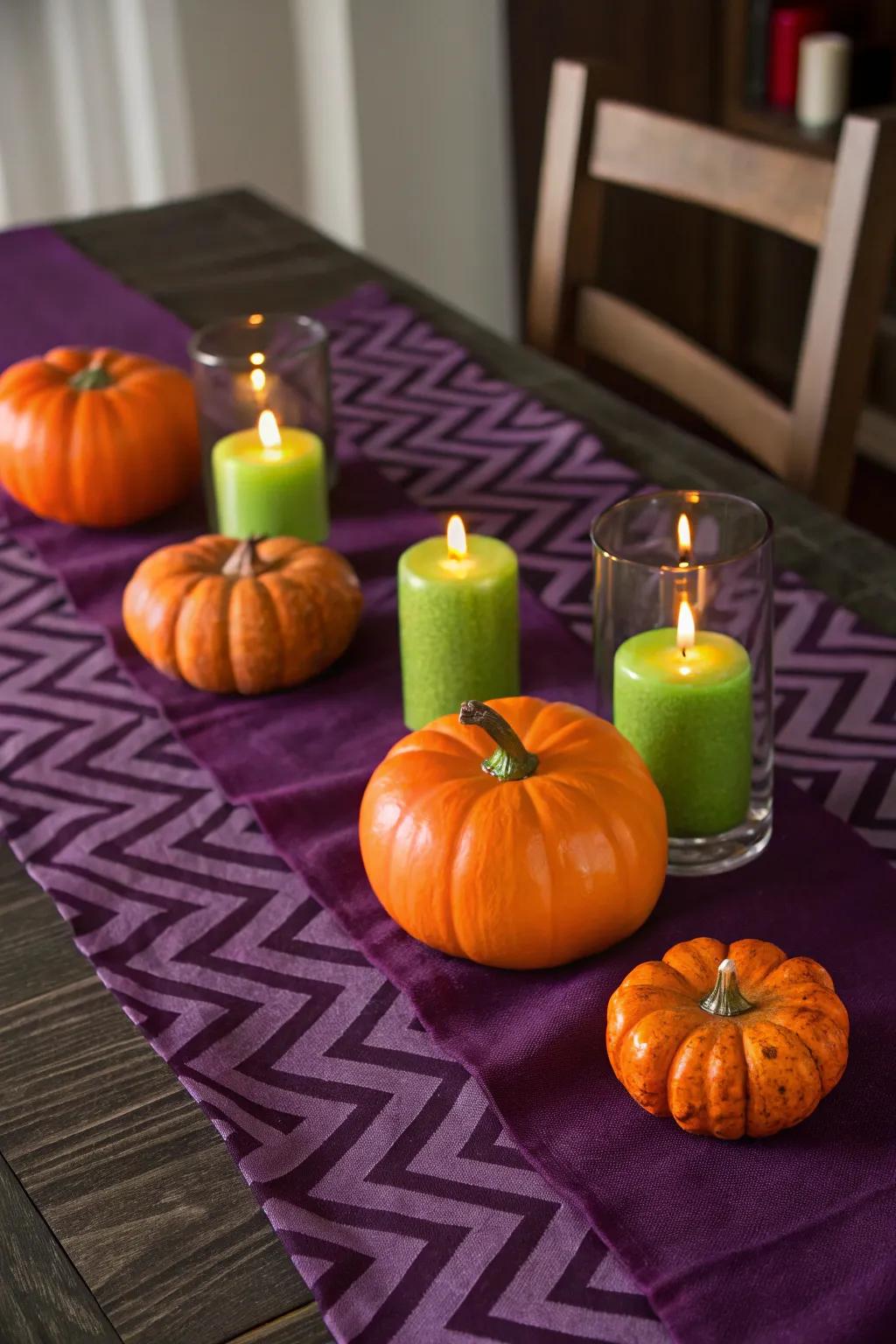 Set the scene for a spooky dinner with a creepy cloth table runner adorned with seasonal accents.