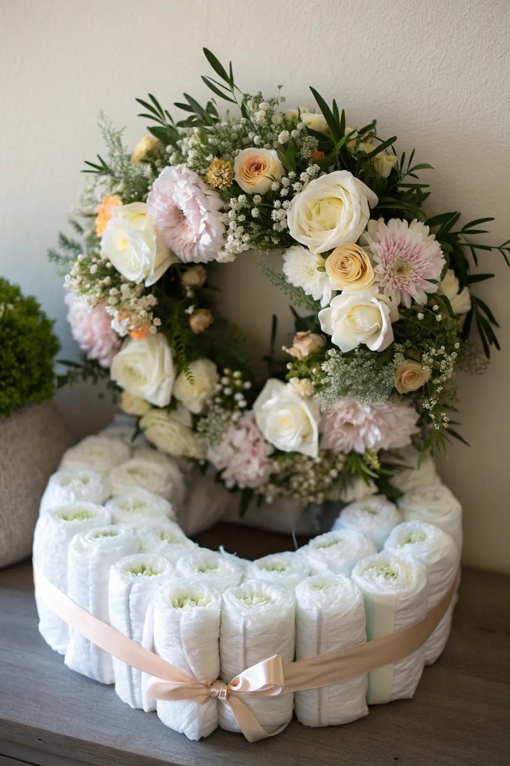 Add floral flair to your diaper wreath for a naturally beautiful touch.