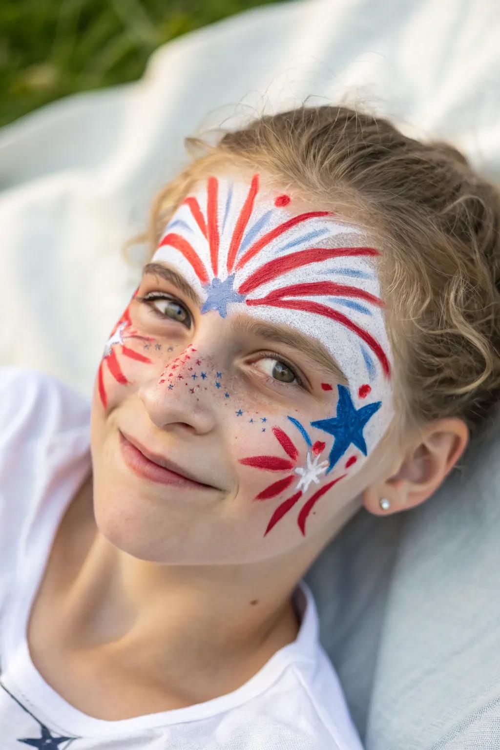 Capture the excitement of fireworks with this dynamic and colorful face paint design.