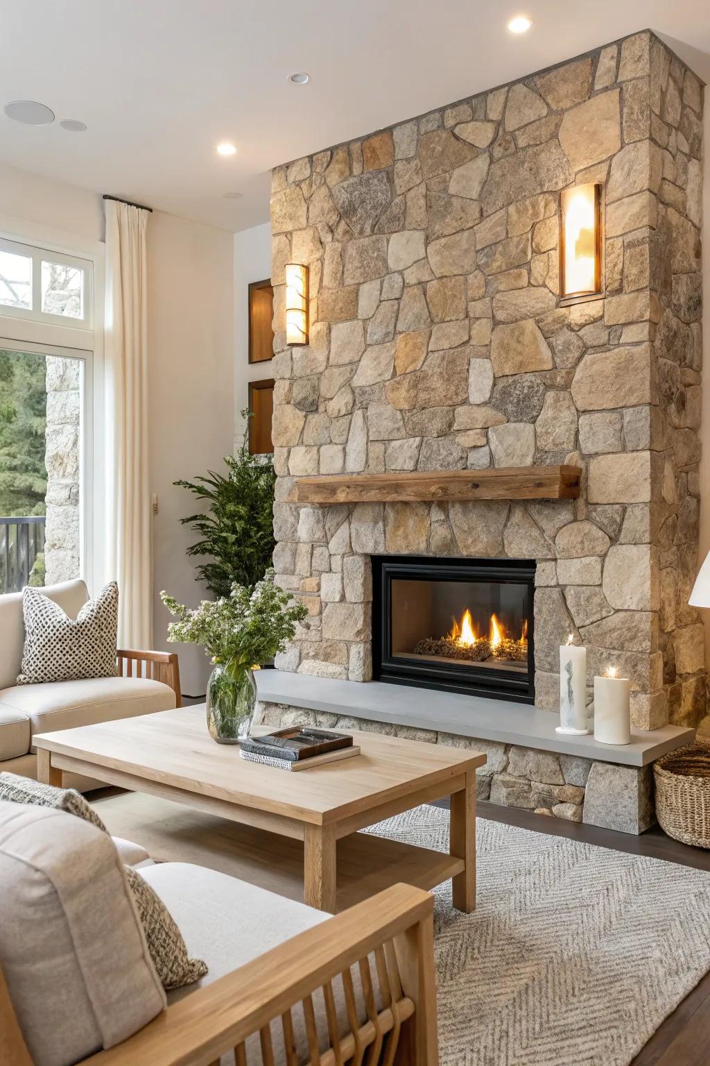 Bring the outdoors in with a stunning stone fireplace feature wall.