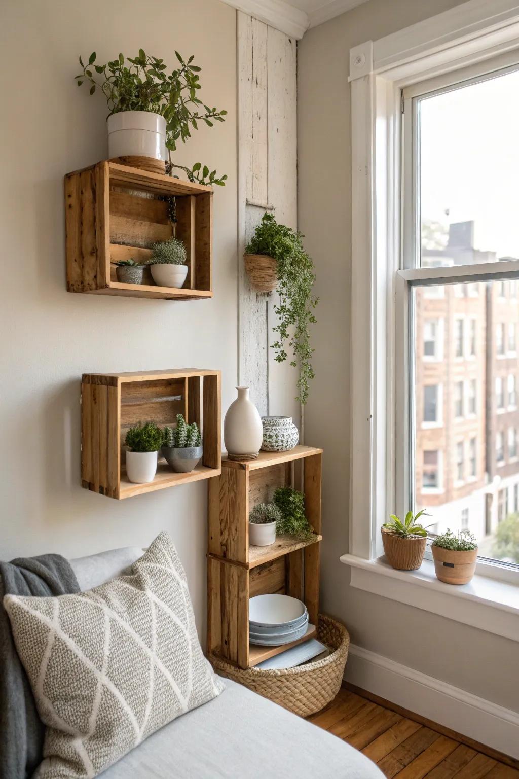 Create a warm, inviting atmosphere with rustic wooden shelves that tell a story.