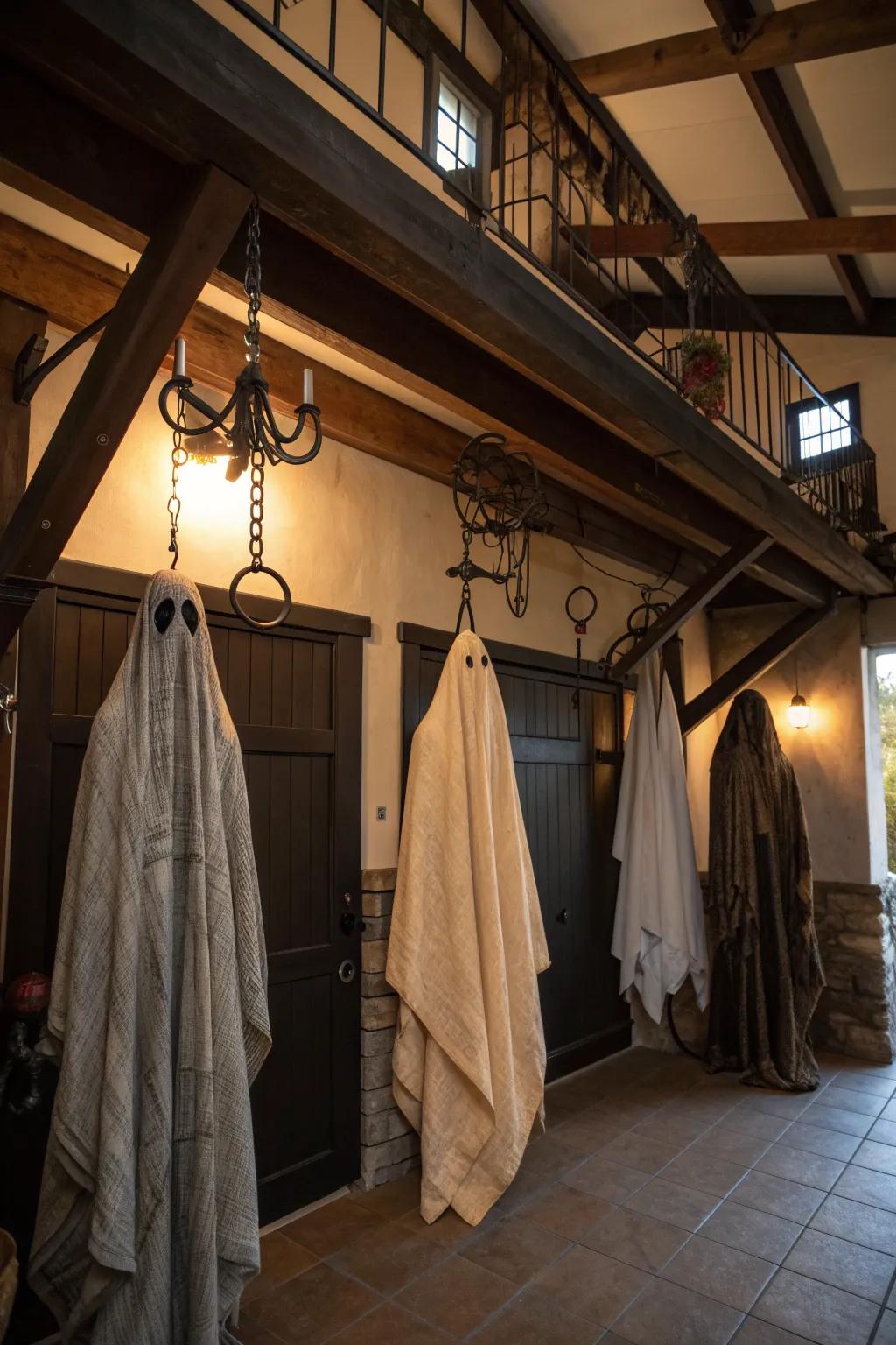 Ghostly figures add an eerie touch, swaying gently in the haunted air.