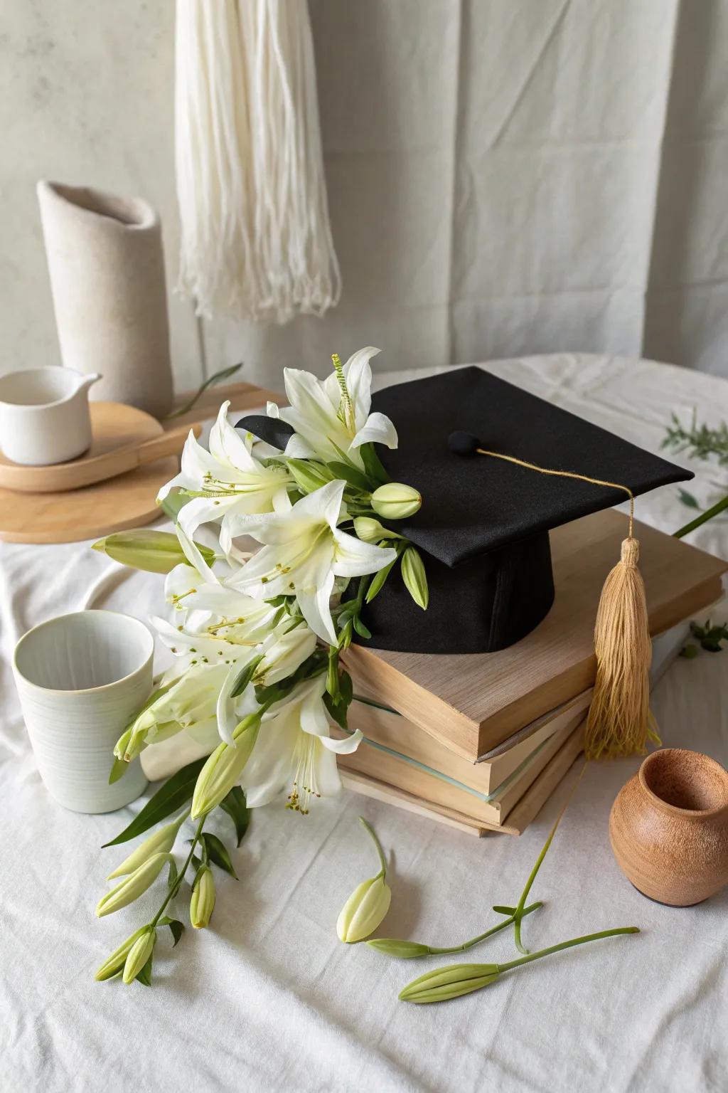 Embrace elegance with lilies that add a touch of grace to your graduation ensemble.