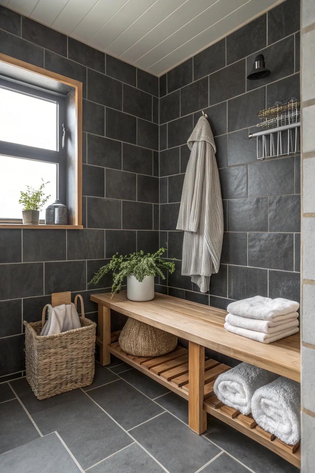 Dark grey matte tiles add drama and depth to any bathroom.