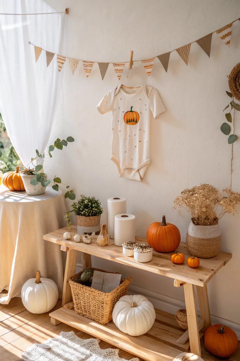 Get creative with a pumpkin onesie station—personalized baby clothes with a festive twist!