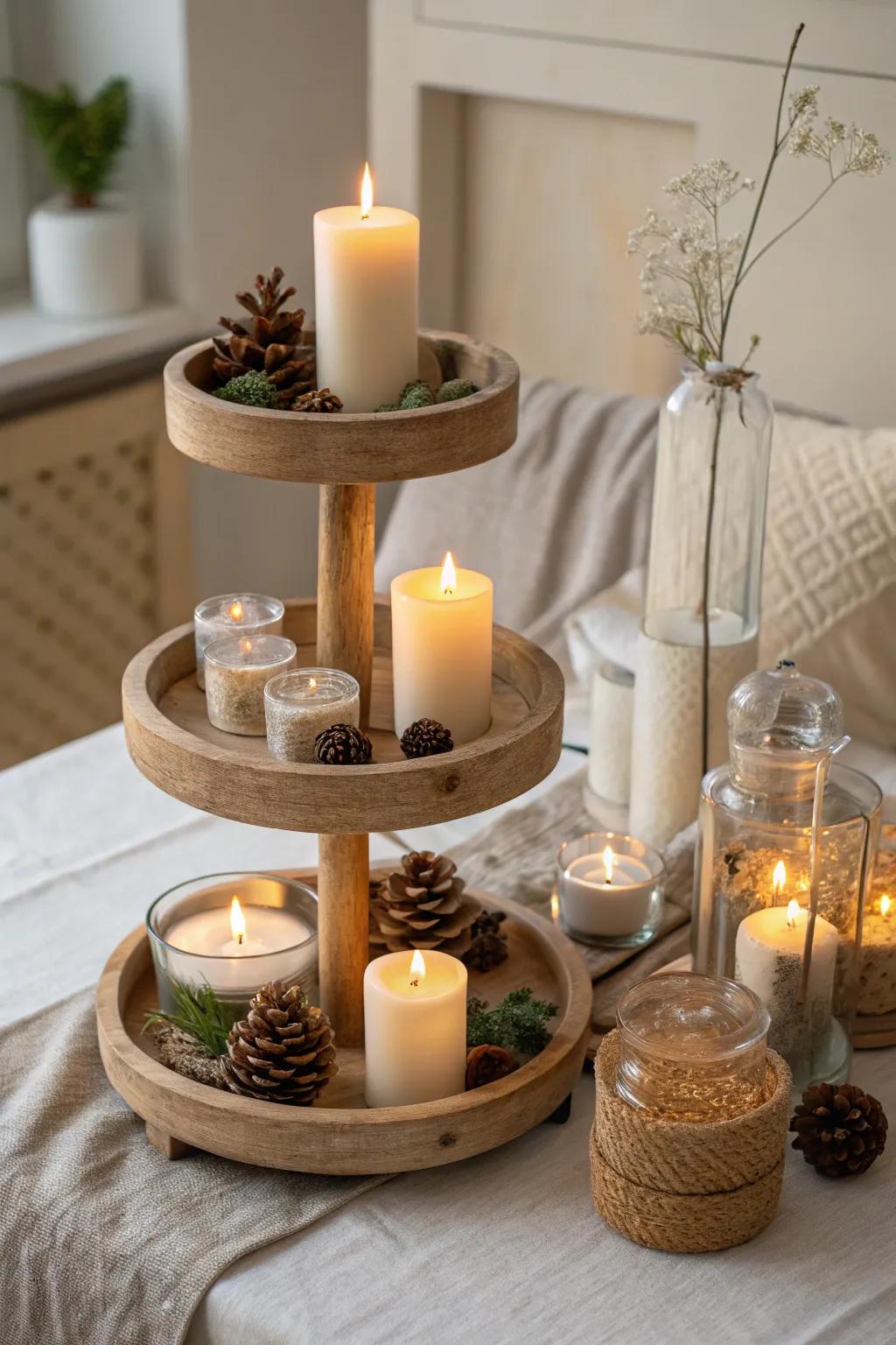 Illuminate your space with the soft, inviting glow of candles on your tiered tray.