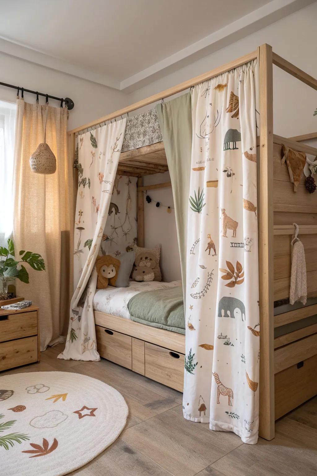 Transform your child's kura bed into a themed adventure with imaginative curtains!