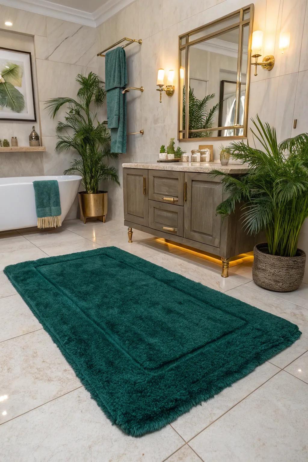 Make a statement with a bold red rug that brings warmth and vibrancy to your bathroom decor.