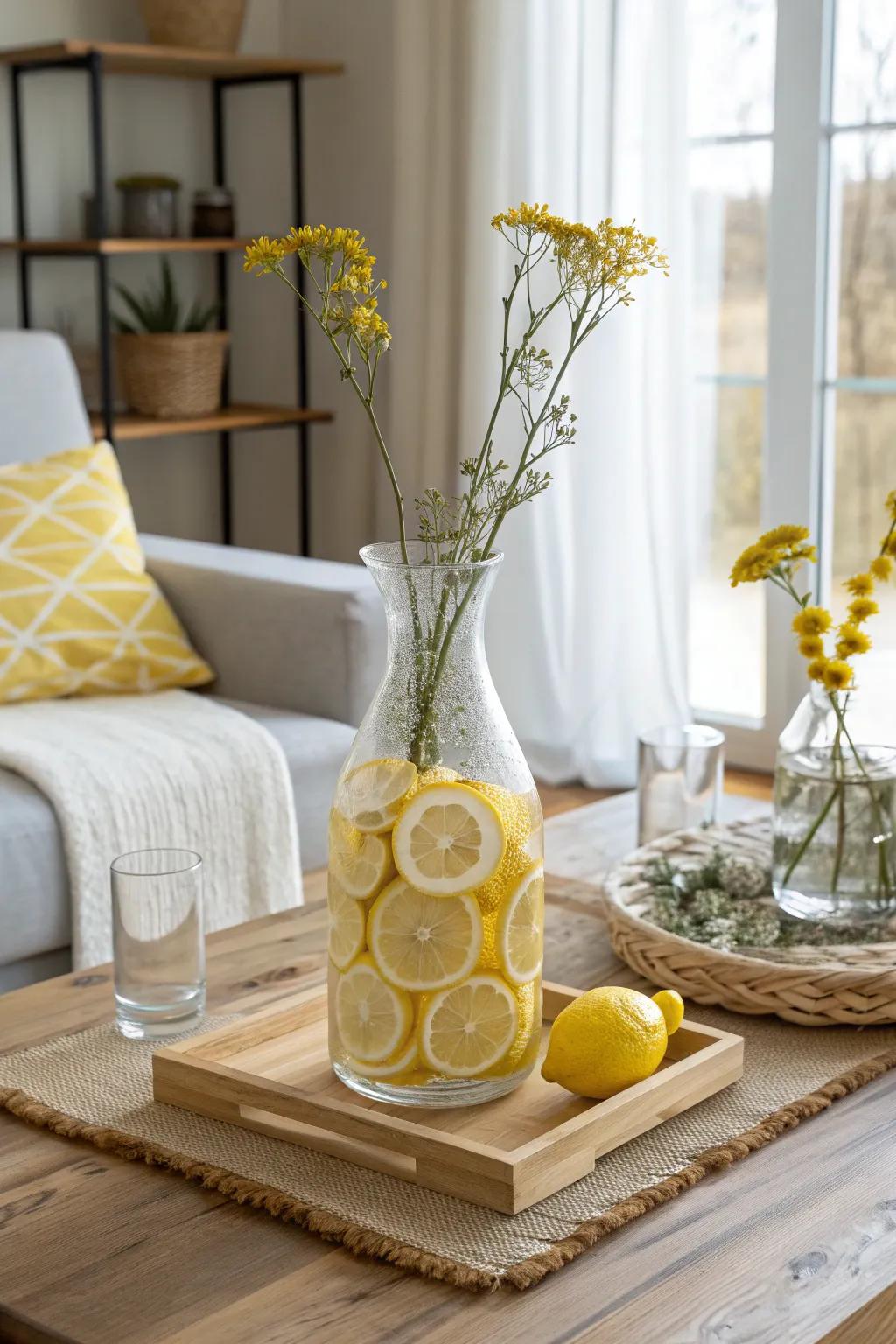 Layered lemon slices in a vase create an intriguing and vibrant focal point for any room.