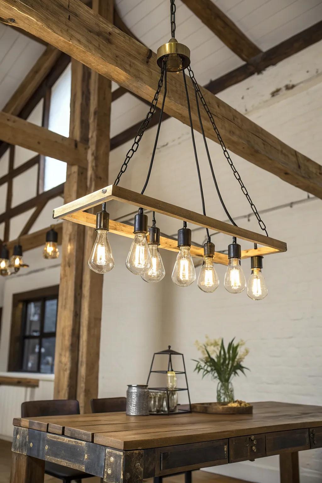 Bring a touch of industrial charm to your home with this exposed bulb chandelier design.