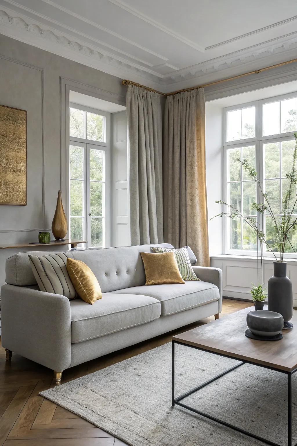 Add a sprinkle of gold to your gray palette for a chic and luxurious living room.