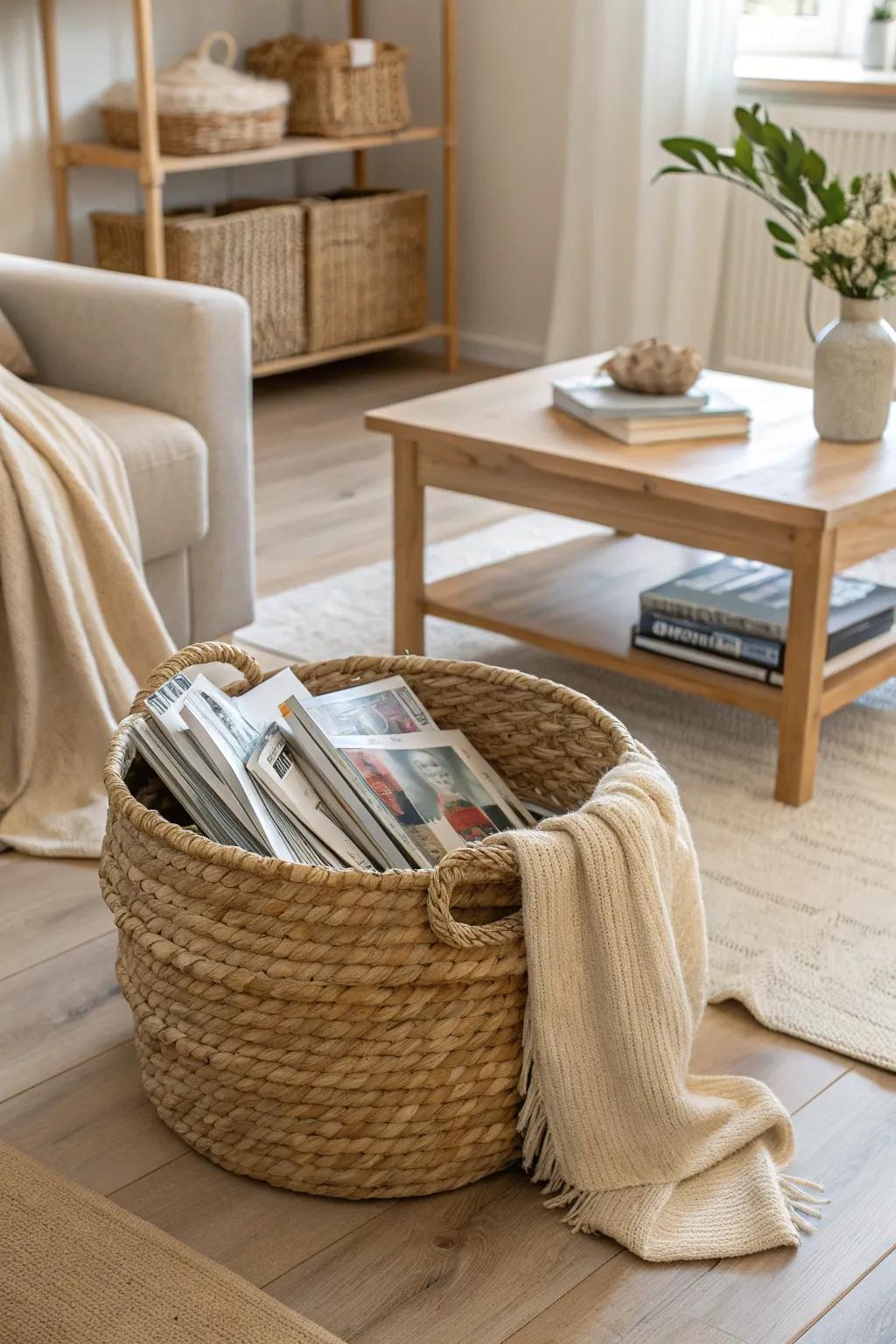 Woven baskets provide a rustic charm while keeping your favorite reads neatly organized.