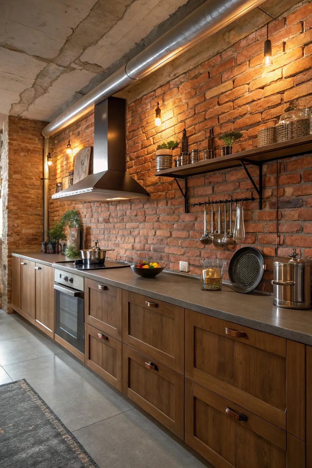 Let the raw beauty of exposed brick transform your kitchen into an industrial masterpiece.