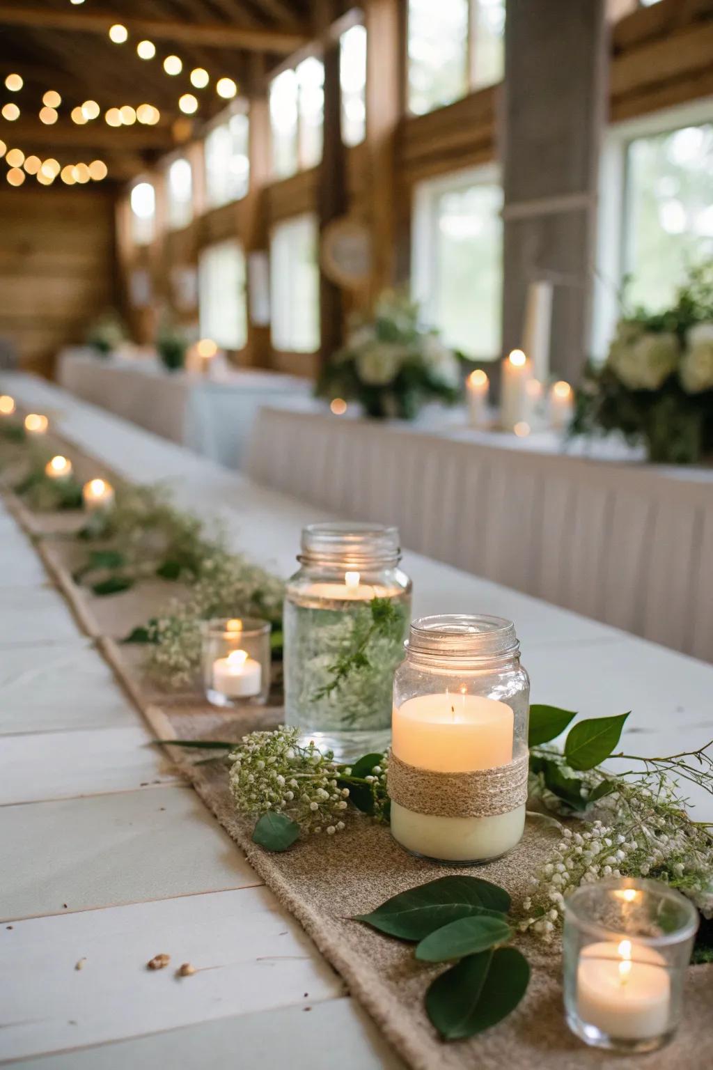 Illuminate your wedding with floating candles in mason jars, casting a warm and inviting glow.
