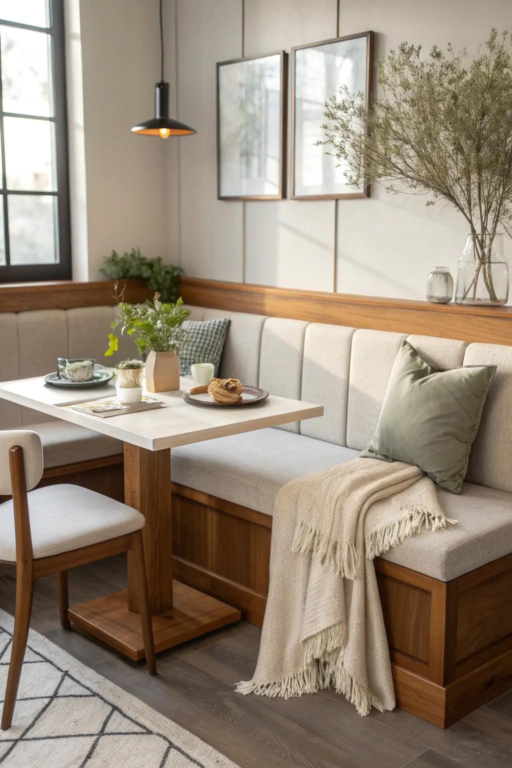 Elevate your space with a mix of wood and upholstery for a touch of modern elegance.