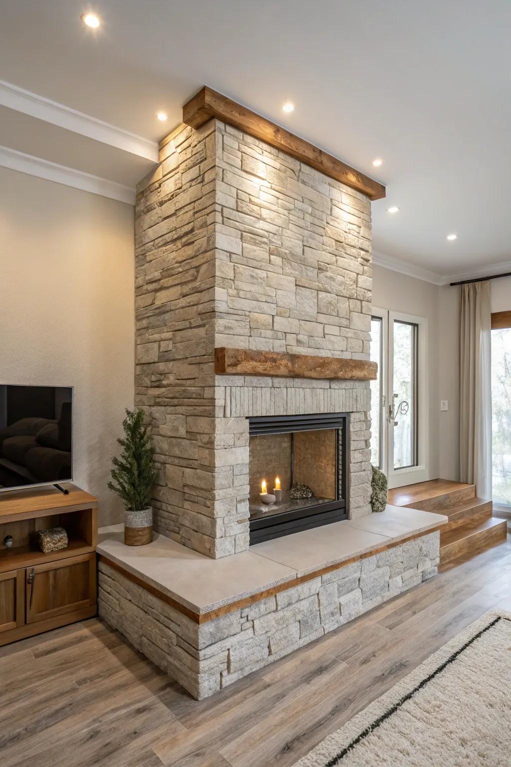Add depth and character with slim stone and brick accents that elevate any modern hearth.