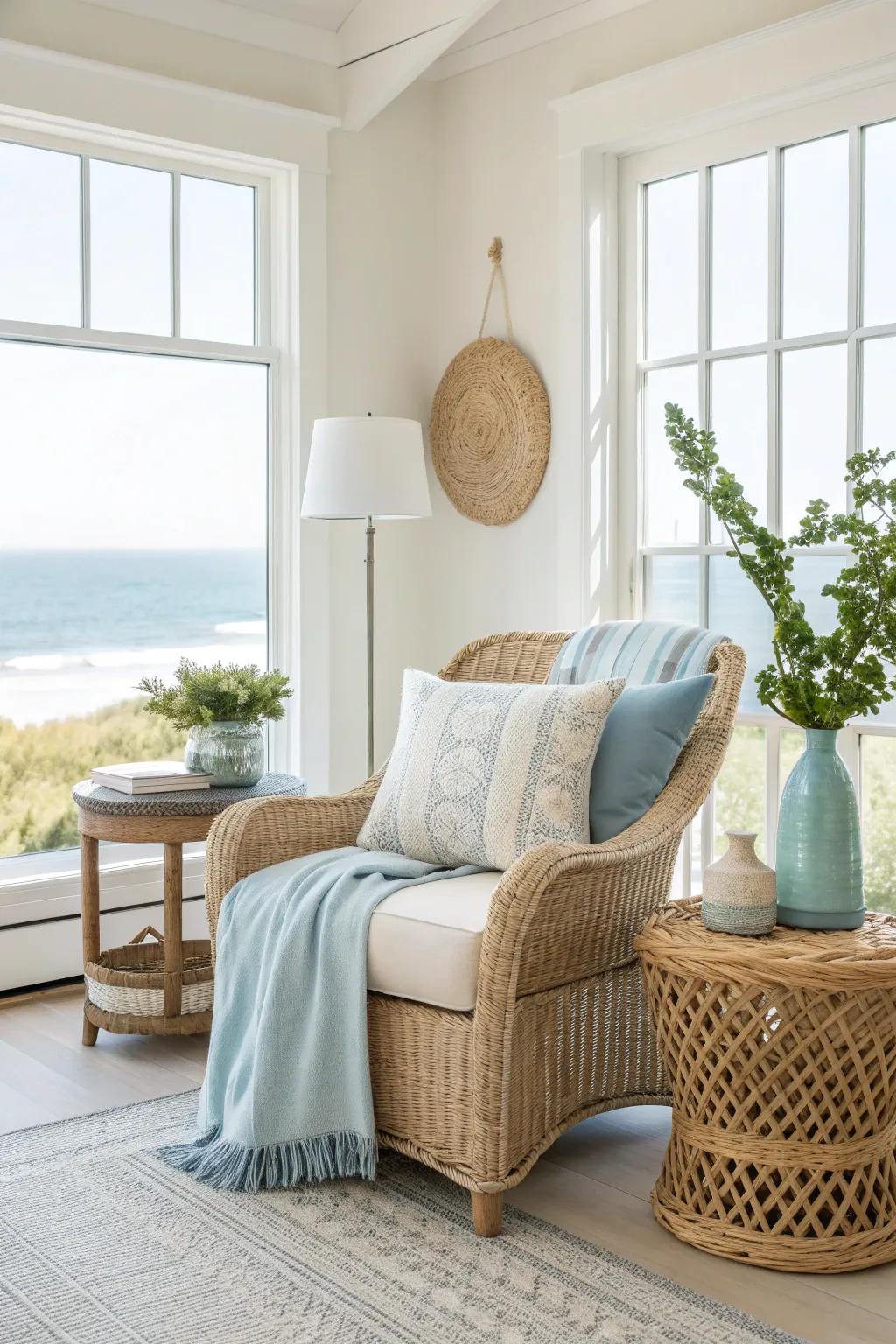 Natural textures bring warmth and authenticity to your nautical living room.