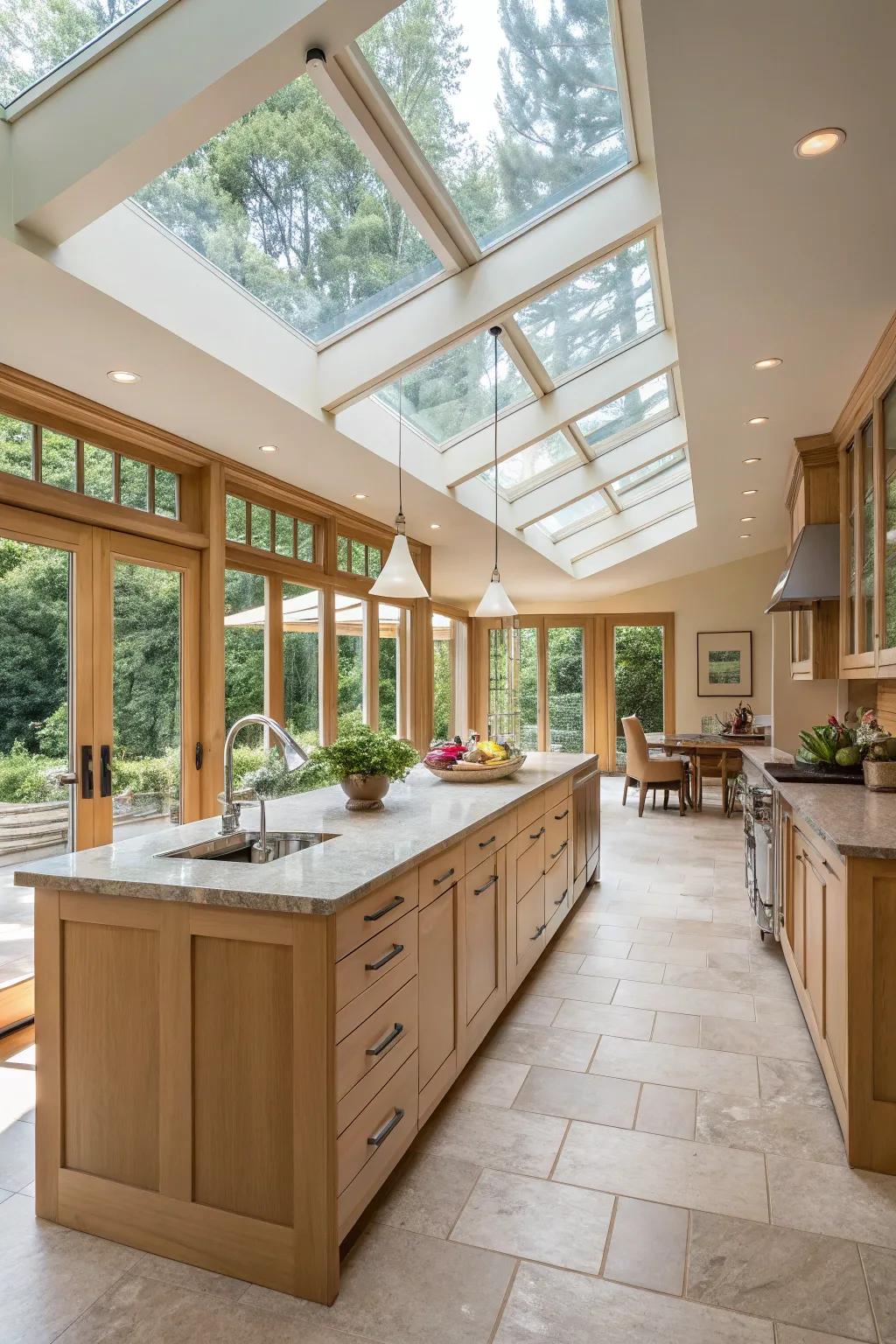 Natural light floods this galley kitchen, creating a bright and welcoming space perfect for culinary creativity.