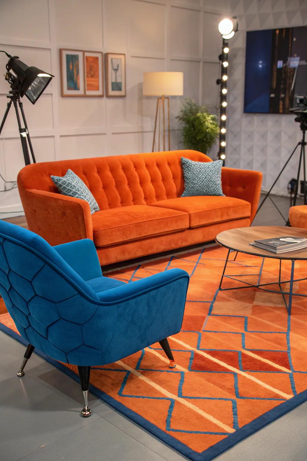 Contrast is key! Combine orange and blue furniture for an eye-catching living room setup.