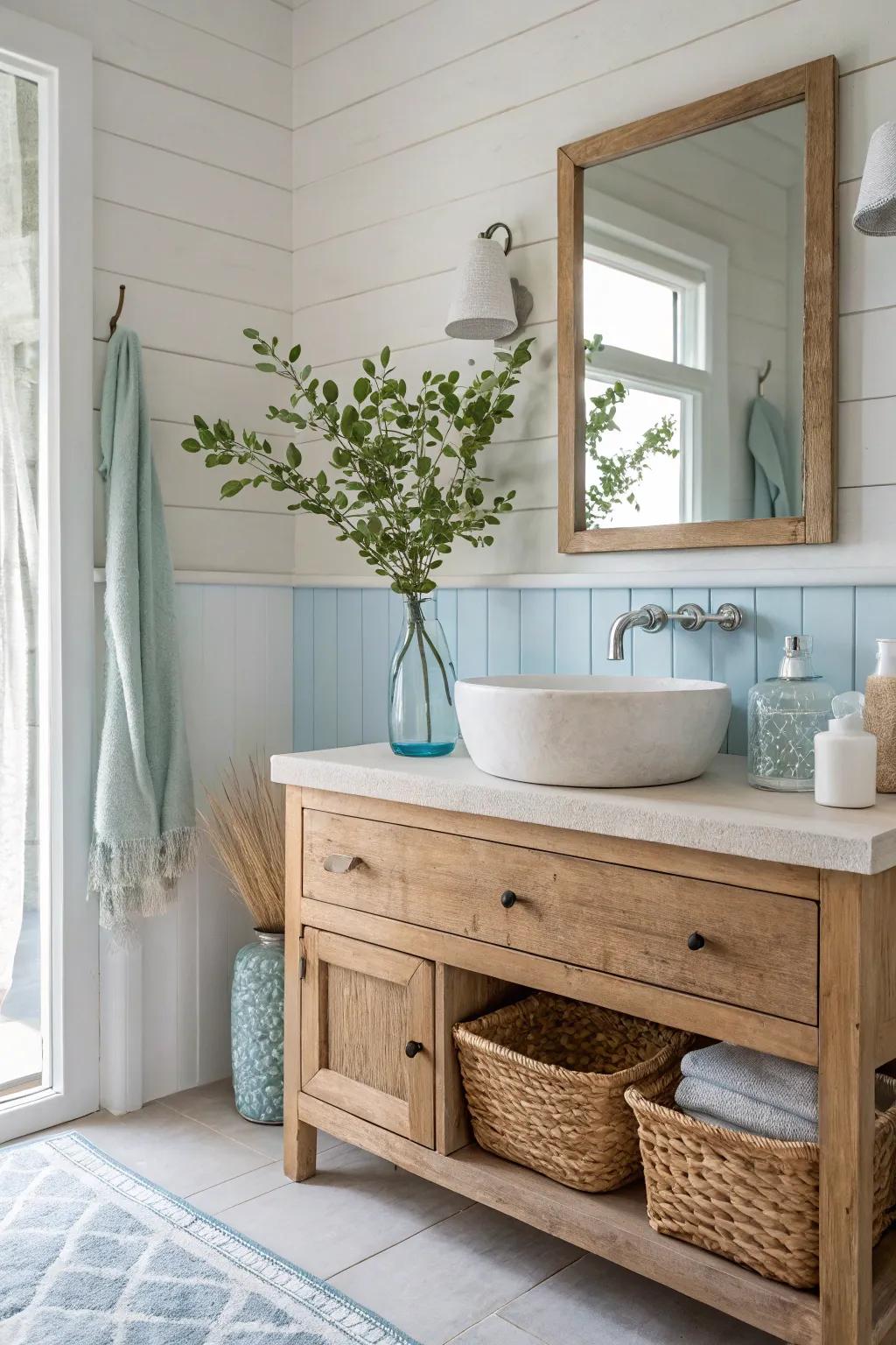 Wooden accents bring warmth to a cool sea salt palette, creating a harmonious look.