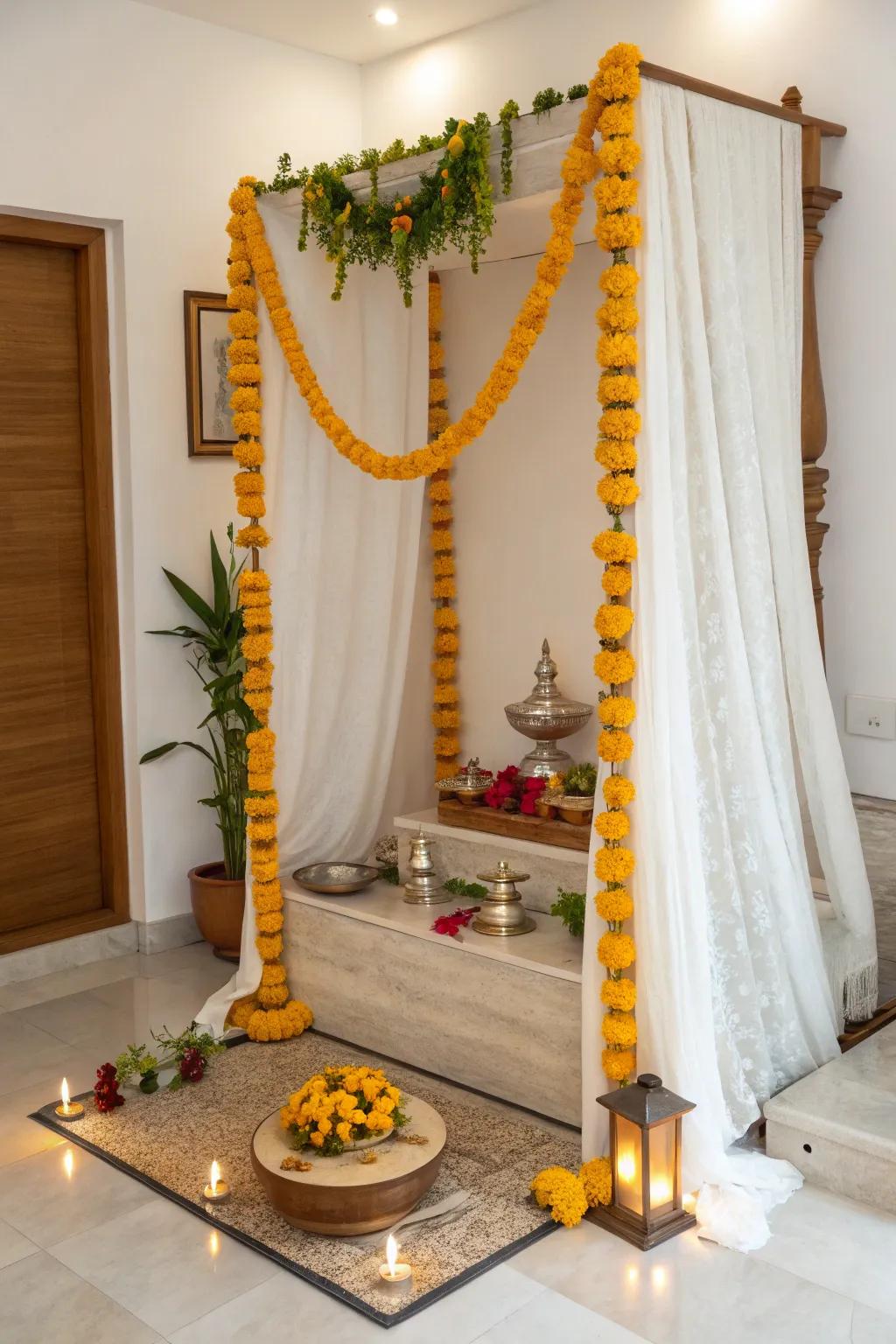 Brighten your pooja space with marigold garlands, infusing the air with their delightful fragrance.