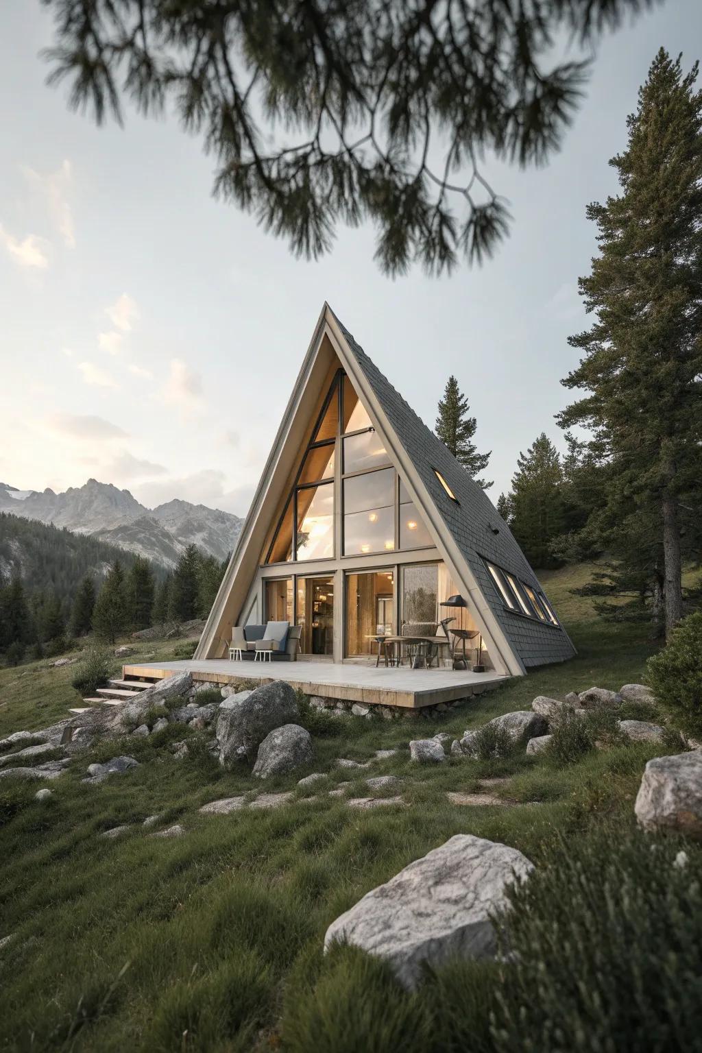 Iconic A-frame cabin stands tall among the pines, perfectly adapted to its snowy mountain surroundings.