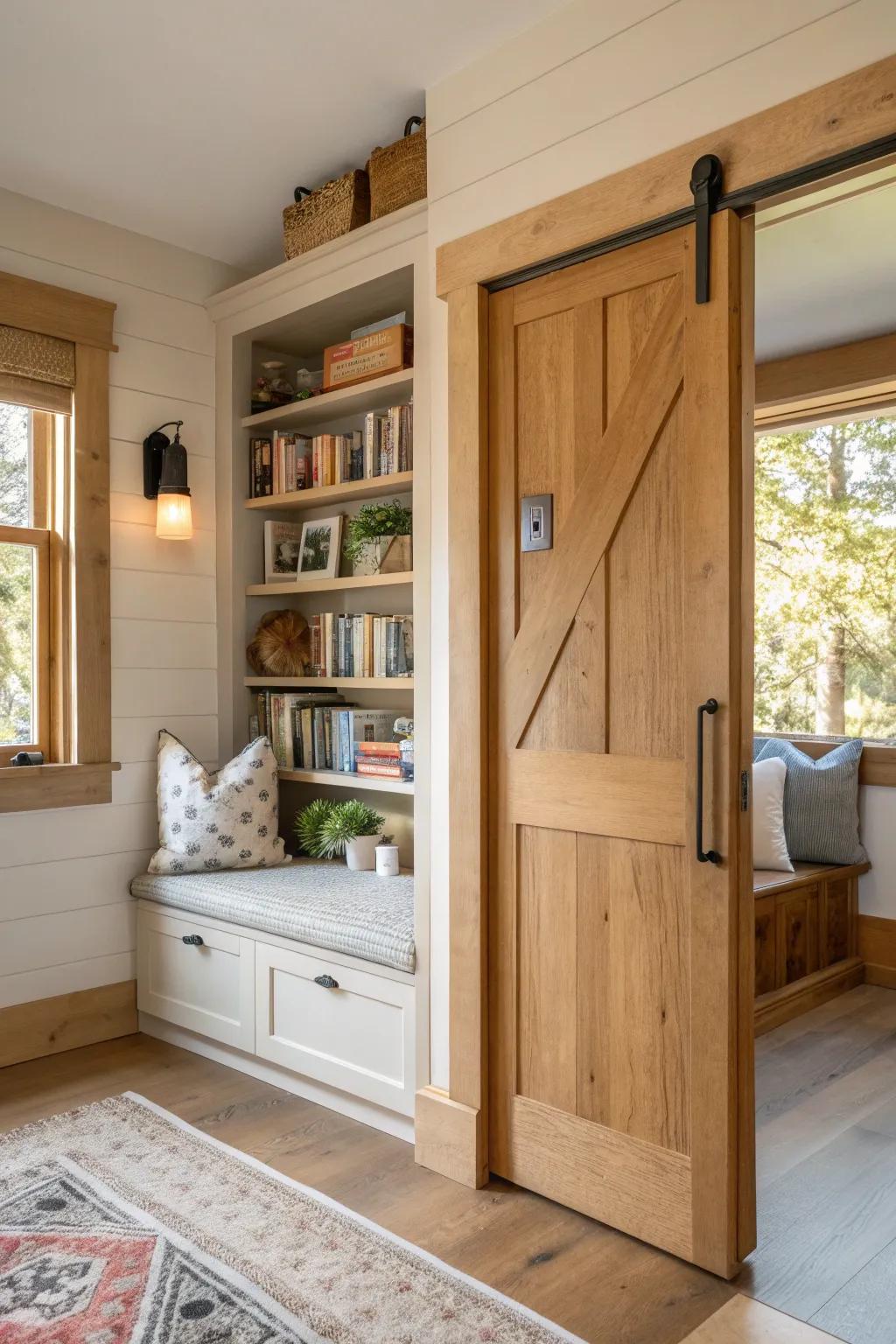 Transform your door into a cozy library corner with built-in bookshelves.