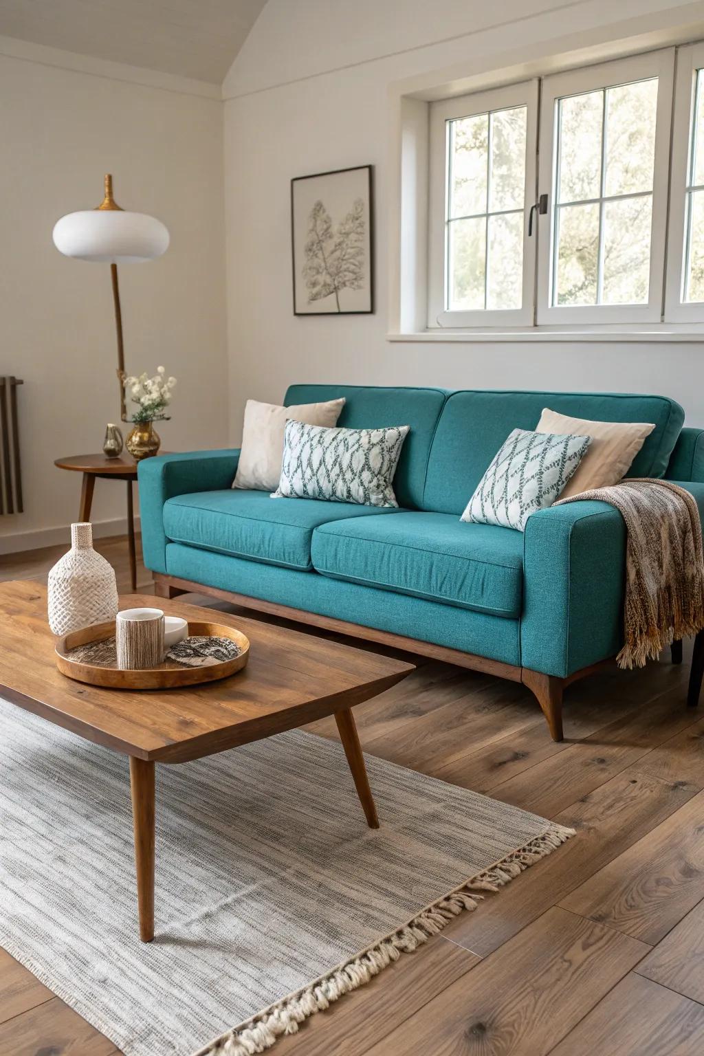 Let a teal sofa take center stage against rich brown accents.