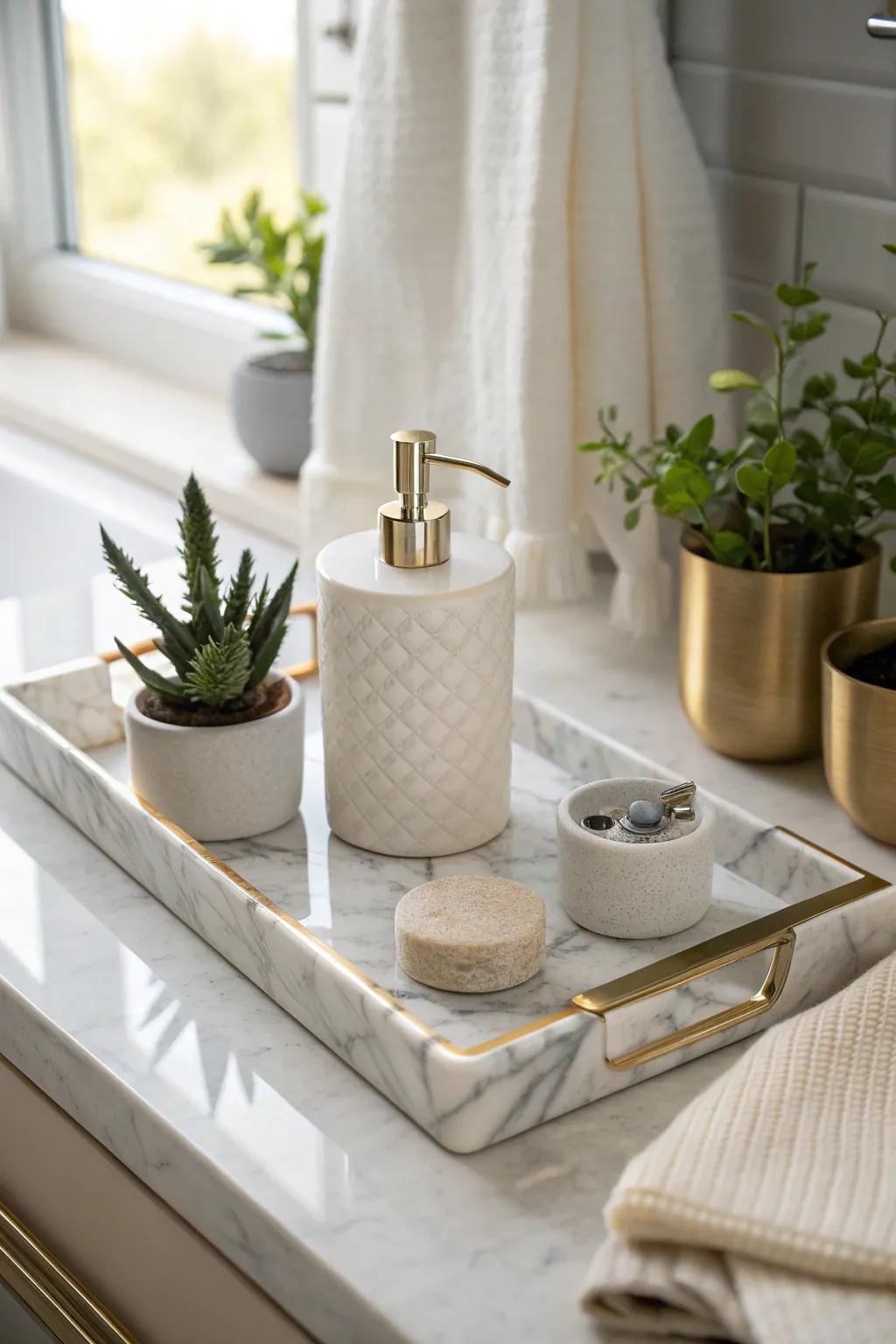 Elevate with elegance: a marble tray brings sophistication and style to your bathroom setup.